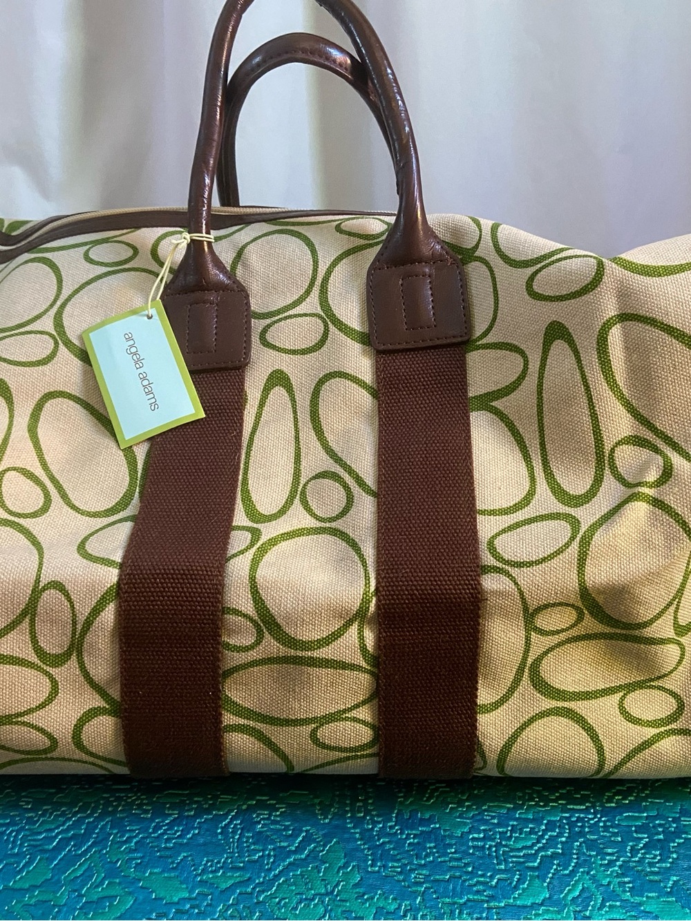 Angela Adams Yellow Canvas Duffel with Brown Trim - Picture 2 of 6